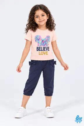 طقم تيشيرت بطبعة فراشة Believe Love وبنطلون جوجر كابري بناتي قطن من VIOLA – قطعتان – كود 551