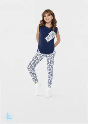 طقم بيجامة جونيور بناتي صيفي قطن من قطعتين بطبعة هندسية – كود 20303